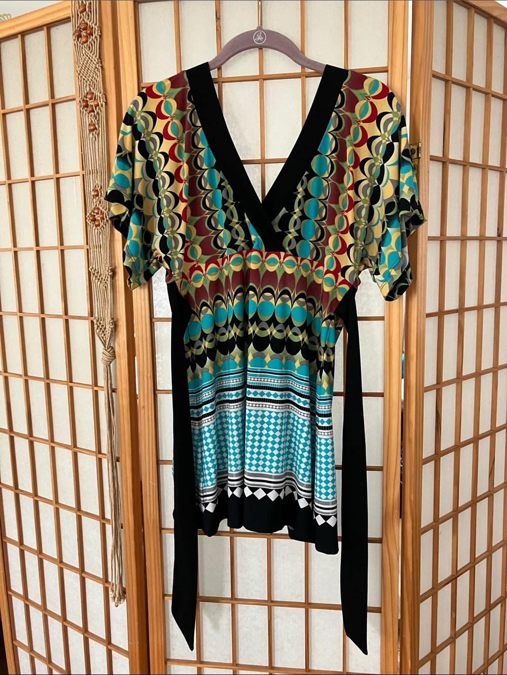 Y2k Geometric Print V-Neck Belted Tunic DEADSTOCK - Picture 5 of 7